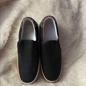 Black Slip-On Shoes with Leopard Trim